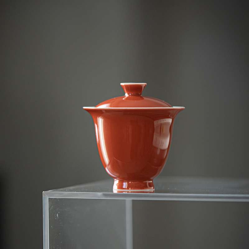 墨己 矾红盖碗 釉下彩青花小草书手写盖碗 苏东坡前赤壁赋 泡茶碗