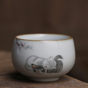 汝窑呆萌可爱猫杯厚实持续开片陶瓷动物罗汉杯汝瓷主人杯单杯送礼