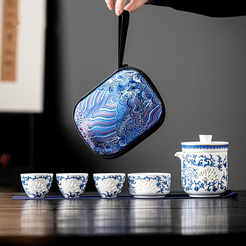 青花玲珑羊脂玉瓷旅行茶具套装缠枝莲户外便携式快客杯一壶四杯