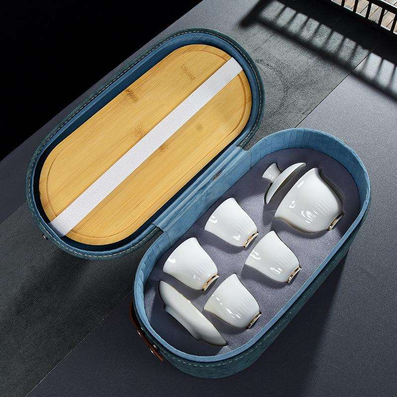 新款羊脂玉旅行茶具带陶瓷小茶盘家用办公都可描金旅游茶具