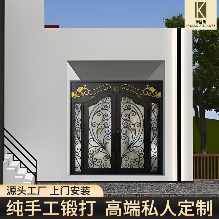 铁艺门 纯手工锻打推拉门 别墅玻璃门源头工厂跨境定制