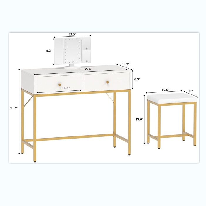 卧室梳妆台套装带照明镜子和凳子带三色LED灯抽屉储物化妆台