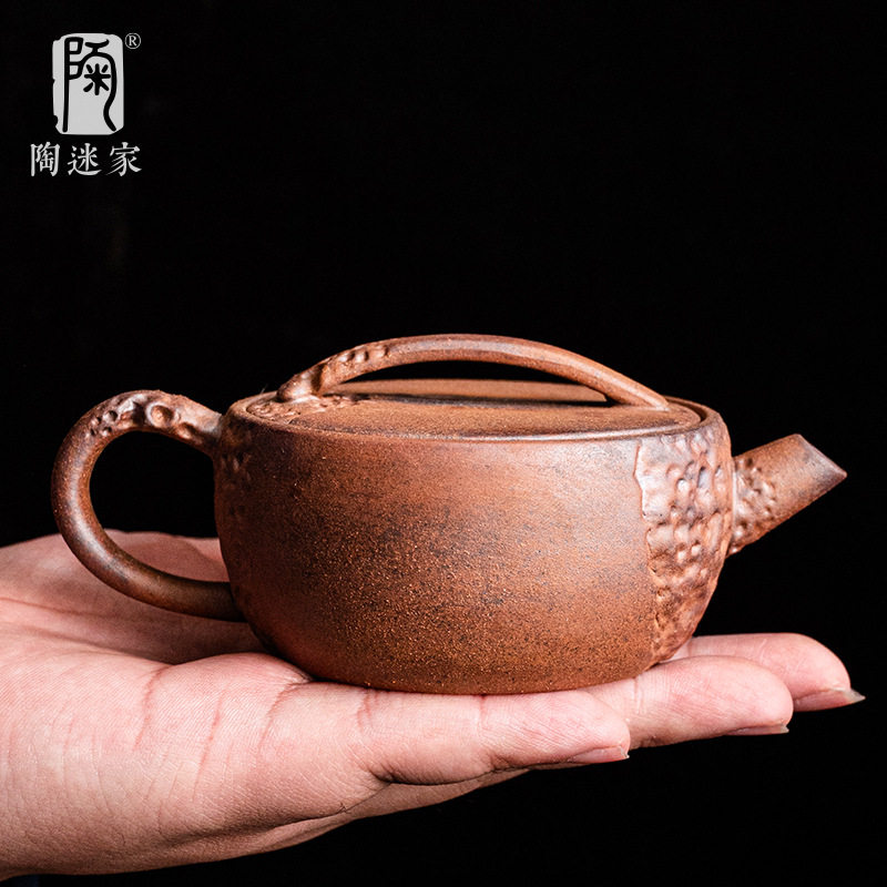 陶迷粗陶锤纹汉瓦壶大口茶壶复古老岩泥泡茶具手工土陶家用可养壶