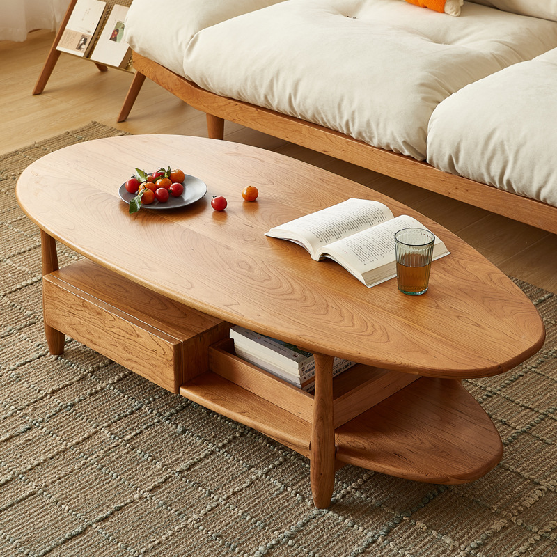 北欧实木茶几樱桃木客厅阳台家用茶桌简约多功能带抽屉日式小户型