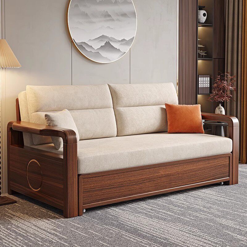 中式实木沙发床可折叠小户型客厅书房办公室坐卧两用实木沙发三人