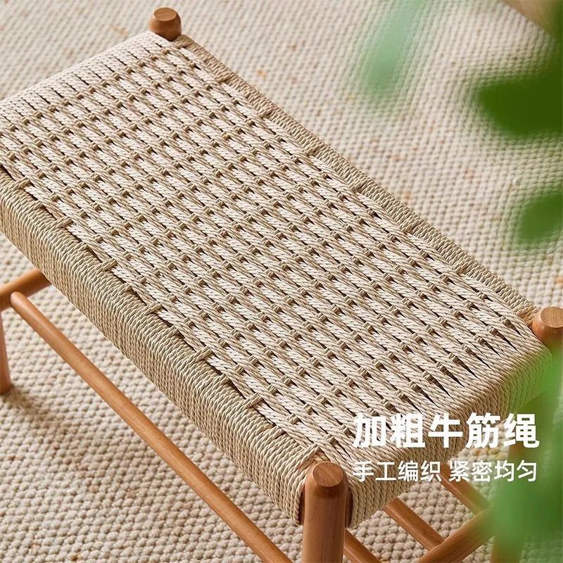 樱桃木藤编玄关换鞋凳带鞋架