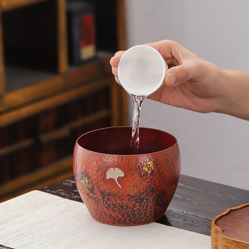紫铜银杏叶茶洗手工锤目纹笔洗茶渣桶嵌银日式水盂加厚建水杯洗