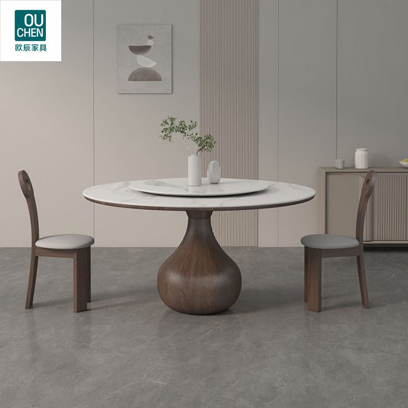 意式实木餐桌圆形带转盘现代简约家用高端复古全托哑光岩板圆桌