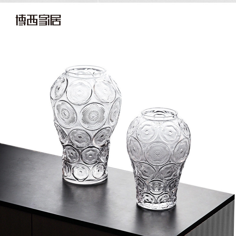 博西家居 简约圆形纹路透明水培玻璃花瓶摆件家居客厅装饰品花器