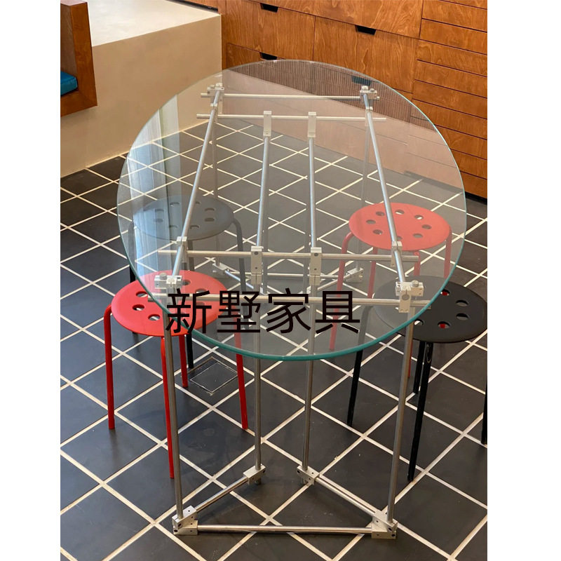 光轴金属椭圆玻桌北欧简约钢化玻璃餐桌家用小户型饭桌圆桌洽谈桌
