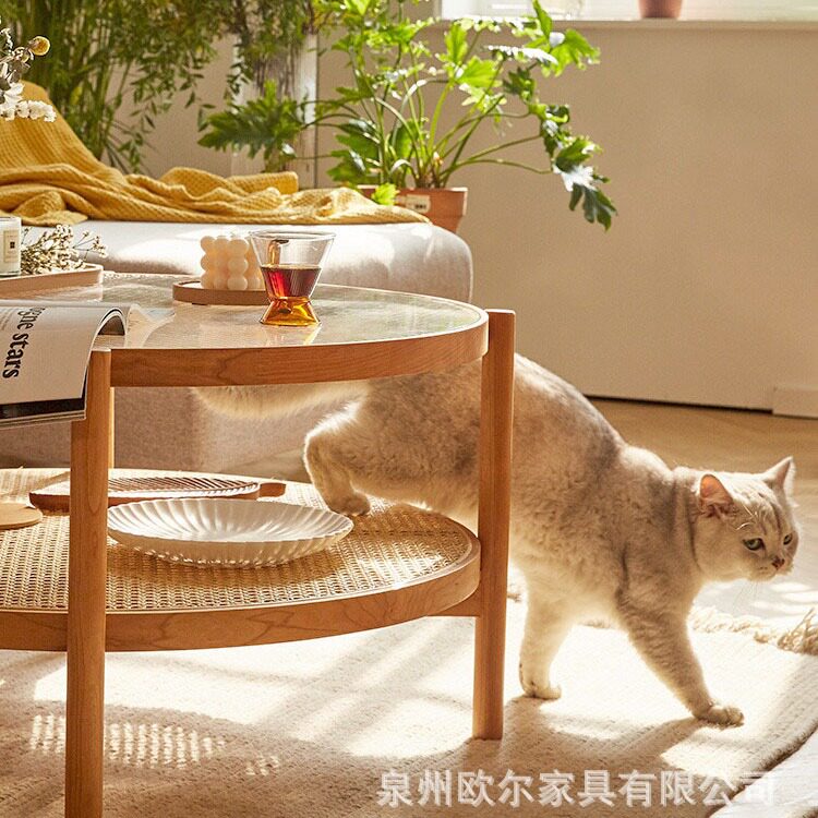 日式实木玻璃圆形茶几客厅小户型双层小桌子简约樱桃木藤编边几