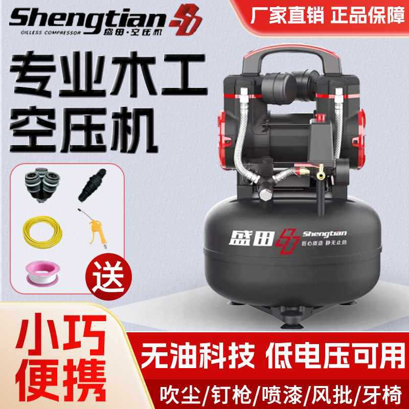 盛田空压机静音无油25L木工气泵220V小巧便携葫芦机1450W气动