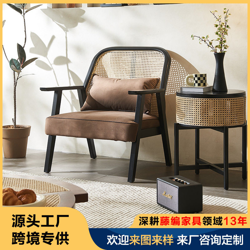 诧寂风藤编实木软包沙发椅