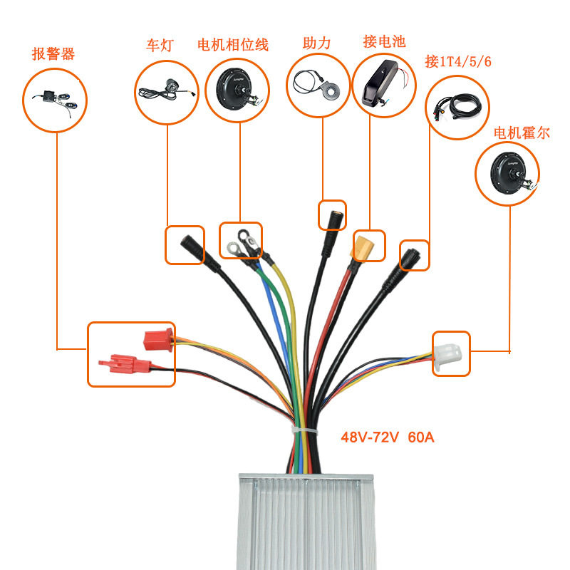 自行车改电动助力车用48V-72V60A控制器防水接头适配2000w电机