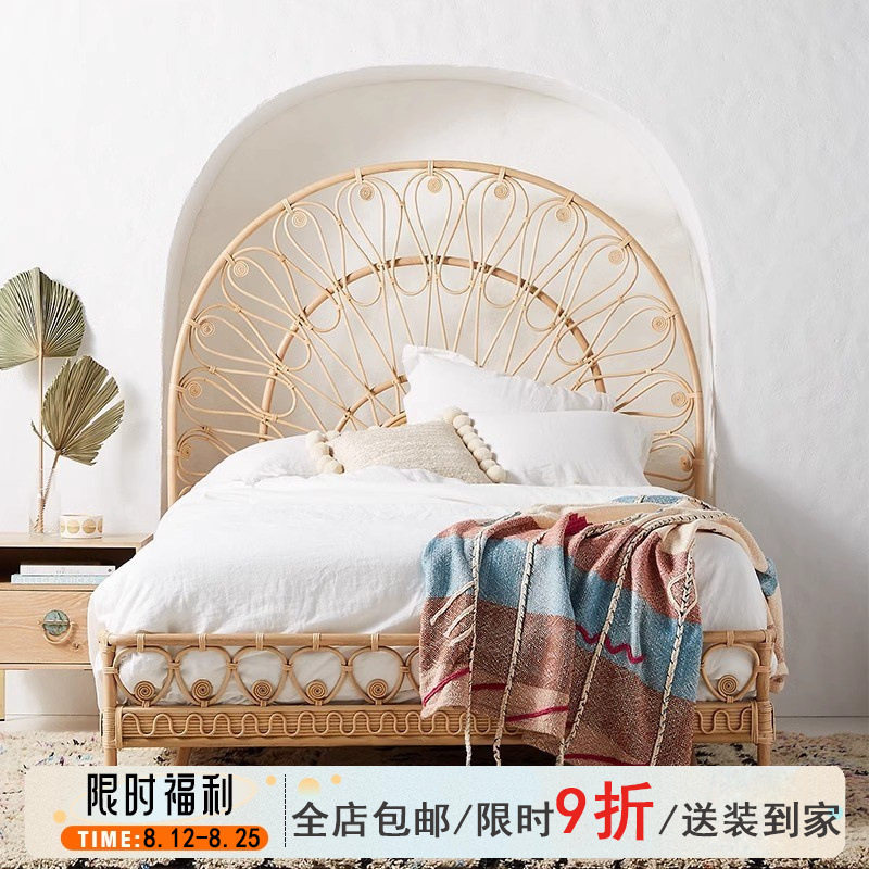 东南亚印尼藤编藤床家具北欧主卧1.5米床家用民宿酒店藤艺双人床