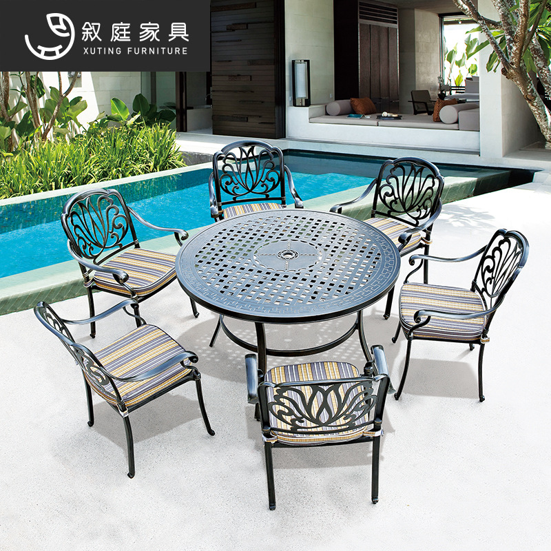 户外庭院阳台桌椅六人铸铝室外休闲露天花园别墅景区酒吧桌椅家具