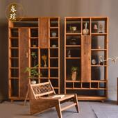 侘寂风书架实木博古架老榆木展示柜中古风落地书柜茶具茶杯多宝阁