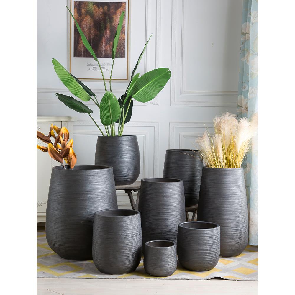 景德镇北欧式花盆简约创意落地客厅酒店绿植装饰摆件大号黑色花瓶