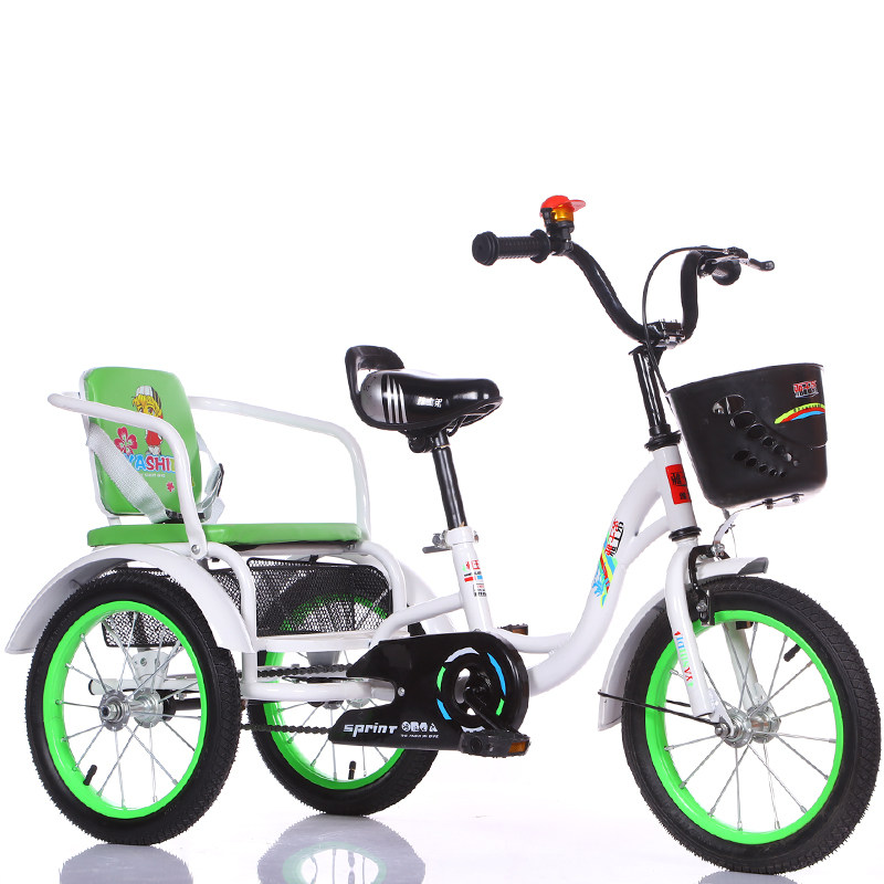 精选儿童三轮车脚踏车带铁斗2-12岁双人座折叠自行车充气轮胎宝宝