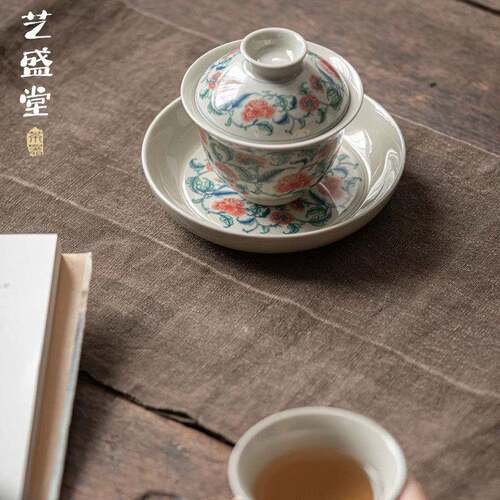 青花盖碗老陶泥中式茶碗陶瓷三才盖碗泡茶碗茶盏家用套装功夫茶具