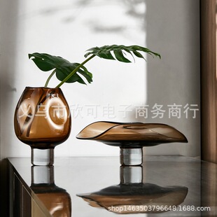 果盘轻奢高档客厅家用果盘花瓶摆件客厅插花假花艺术琉璃玻璃花瓶