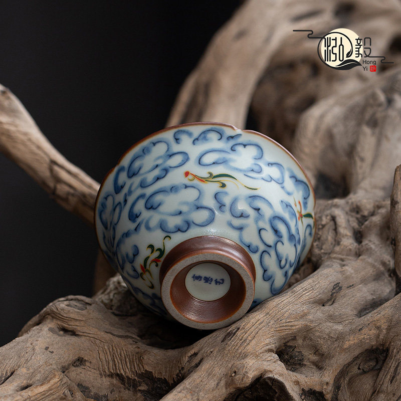 仿古青花祥云花口品茗杯陶瓷功夫茶具茶杯单杯陶瓷个人茶盏