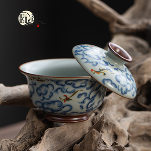 新款仿古珐琅青花祥云圆融悬停盖碗复古风泡茶器家用陶瓷功夫茶具