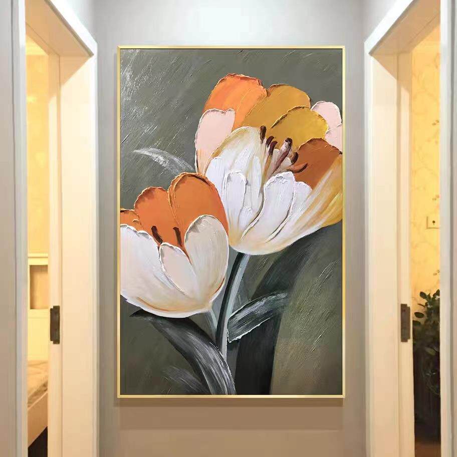纯手绘抽象大气花朵装饰画现代简约客厅入户玄关挂画落地竖款油画