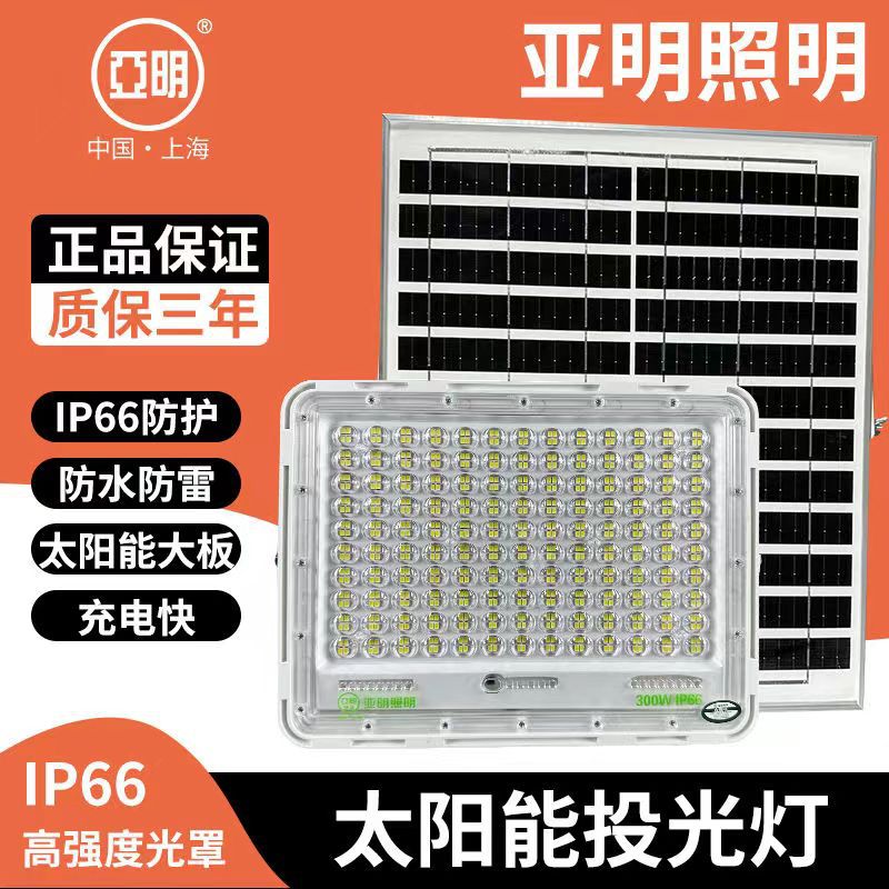 外贸跨境明华亚明300W太阳能投光灯庭院灯遥控感应LED防水户外白