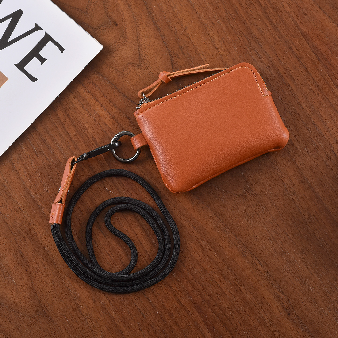 新款牛皮质感挂脖零钱包小巧收纳零钱卡包带钥匙圈软皮迷你零钱包