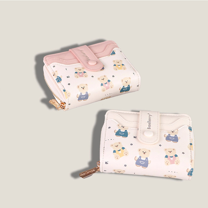 2025新款韩版可爱印花二折叠钱包小熊女生零钱包多功能短款卡包