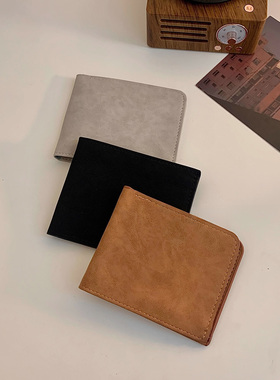 日式超轻磨砂皮短款钱包便携超薄皮夹多卡位绒面潮牌折叠一体卡包