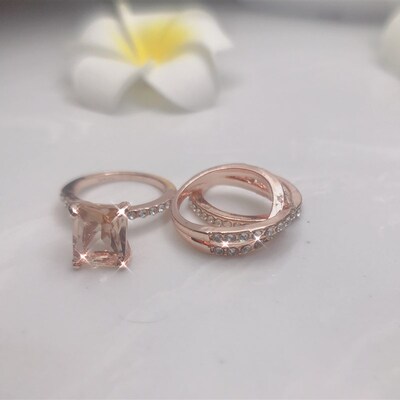 好货3Pcs/Lot Gold Color Double Rings Set Engagement Woman Cu