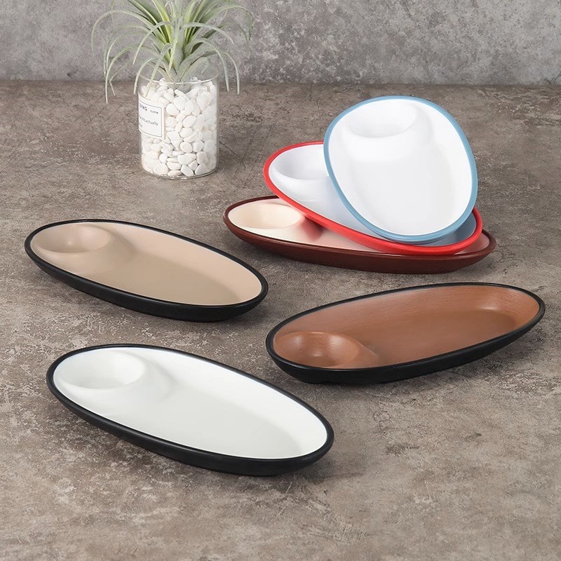 密胺子母盘商用创意仿瓷塑料红糖糍粑小酥肉盘子饺子盘虾盘带醋碟