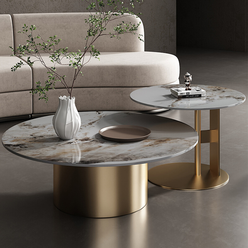 轻奢岩板茶几组合客厅家用小户型可伸缩边几不锈钢创意圆形茶桌