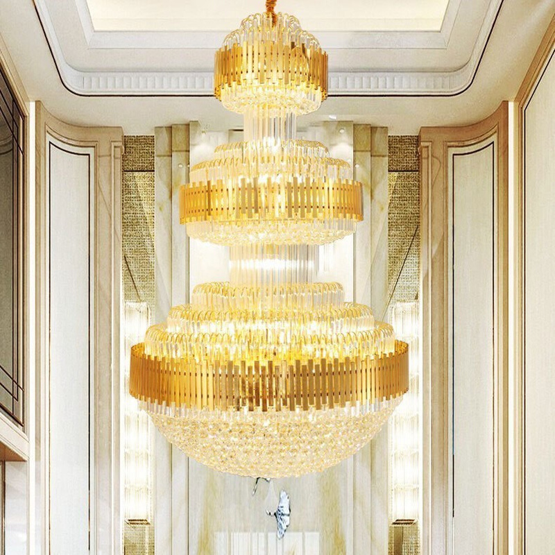 复式楼水晶客厅大吊灯大厅灯现代简约大气中空楼梯别墅长楼道轻奢