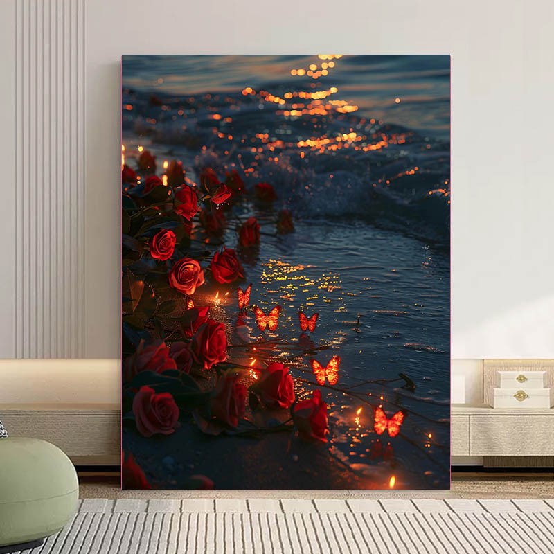火焰玫瑰蝴蝶数字油画手工diy填充涂色K解压油彩丙烯手绘画肌理画