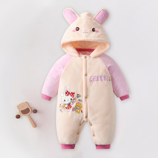 冬季女宝宝连体衣加绒加厚新生儿婴儿哈衣爬服女童冬装保暖外出服