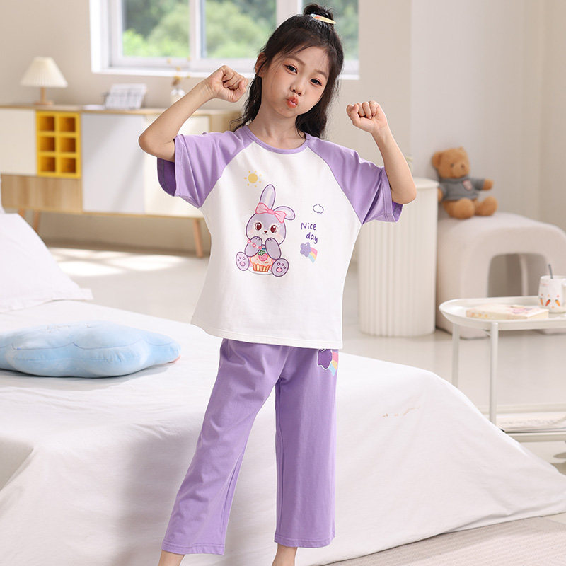 Aa类纯棉女童睡衣套装儿童家居服女孩空调服中大童短袖七分裤夏薄