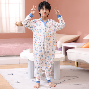 Aa类纯棉儿童家居服连体衣拉链款男童女孩连身睡衣中大童睡袋春秋