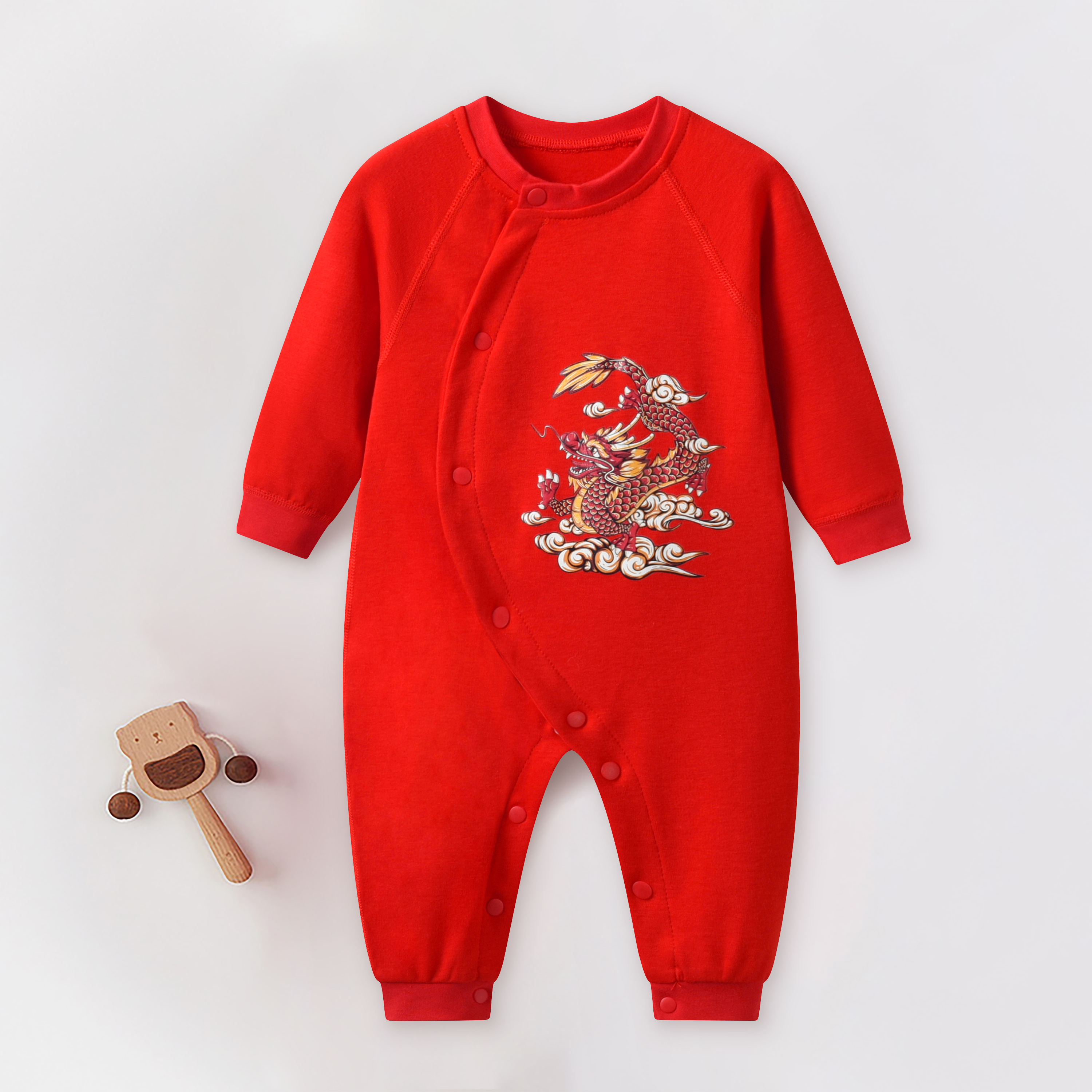 Aa类纯棉婴儿连体衣红色拜年服满月新生儿哈衣百天龙宝宝爬服春秋