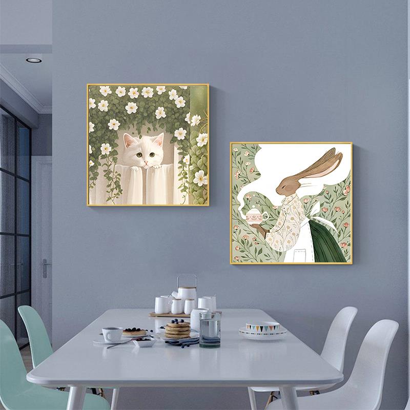北欧创意彩色儿童房装饰画餐厅画卡通动物正方形卧室床头挂画可爱图片