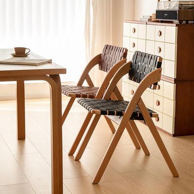 莱陌|中古实木餐椅2025新款椅子家用小户型可折叠椅马鞍皮椅子