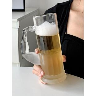 大力士啤酒杯带把磨砂水手杯大容量冷饮杯创意玻璃水杯精酿酒杯子