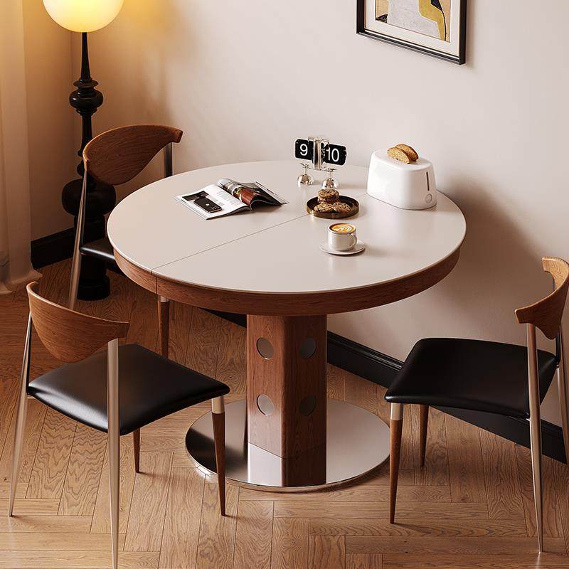 伸缩白色岩板餐桌覆古实木可折叠椭圆吃饭桌家用小户型中古风餐桌