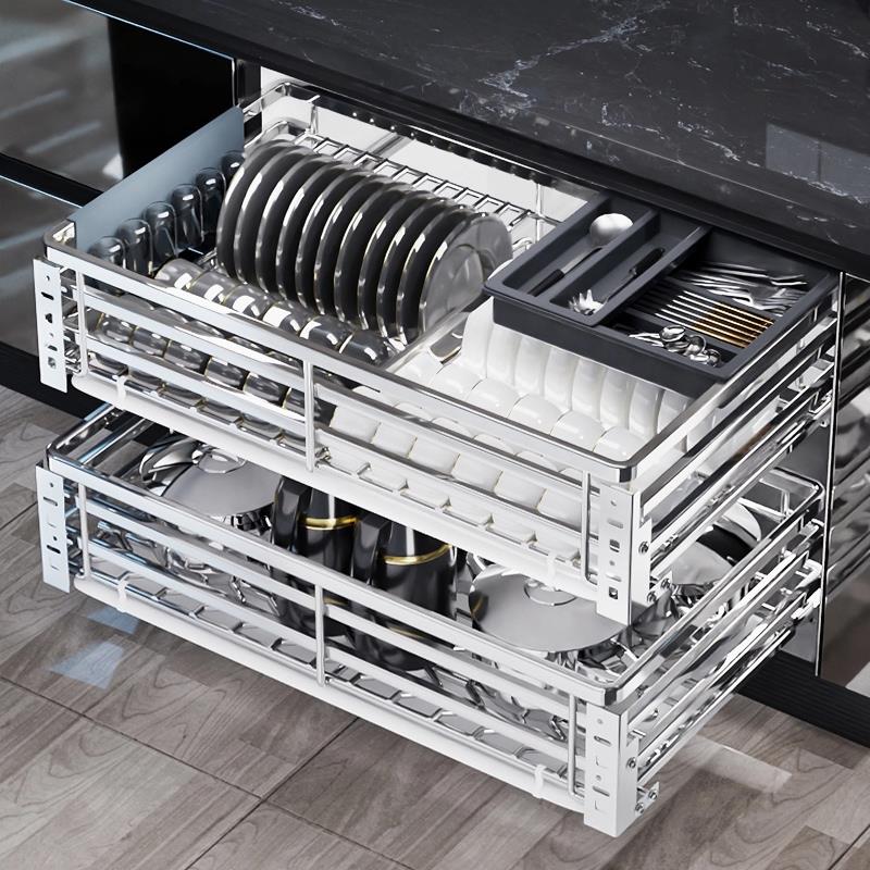 拉篮厨房橱柜304不锈钢双层抽屉式碗架碗碟篮碗柜厨柜碗篮