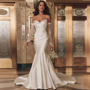 法式 主题简约高级感轻奢小拖尾 蕾丝鱼尾缎面轻婚纱抹胸影楼新款