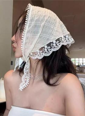 头巾女包头三角形海边拍照头巾韩系头巾新疆旅游穿搭头巾白色蕾丝