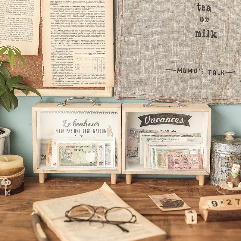 木质创意储蓄罐可存可取玻璃透明纸币硬币零钱罐个性存钱罐储钱罐