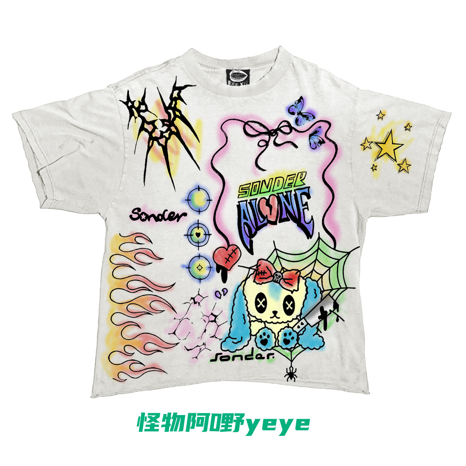 怪物阿嘢YeYe涂鸦喷绘彩色穿搭可爱兔子Y2K短袖亚文化T恤千禧风